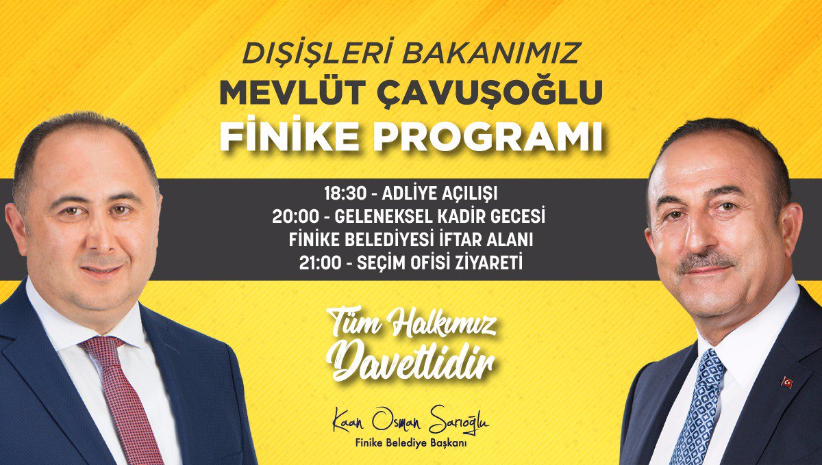 Daha önce iptal duyurusu yaptığımız program iptal edilmemiştir. Sayın Bakanımız <a href="/MevlutCavusoglu/">Mevlüt Çavuşoğlu</a>'nun katılımlarıyla, 10 Haziran Pazar günü geleneksel Kadir Gecesi iftarımız ve Adliye binamızın açılışı programına tüm #Finikeli hemşehrilerimiz davetlidir.