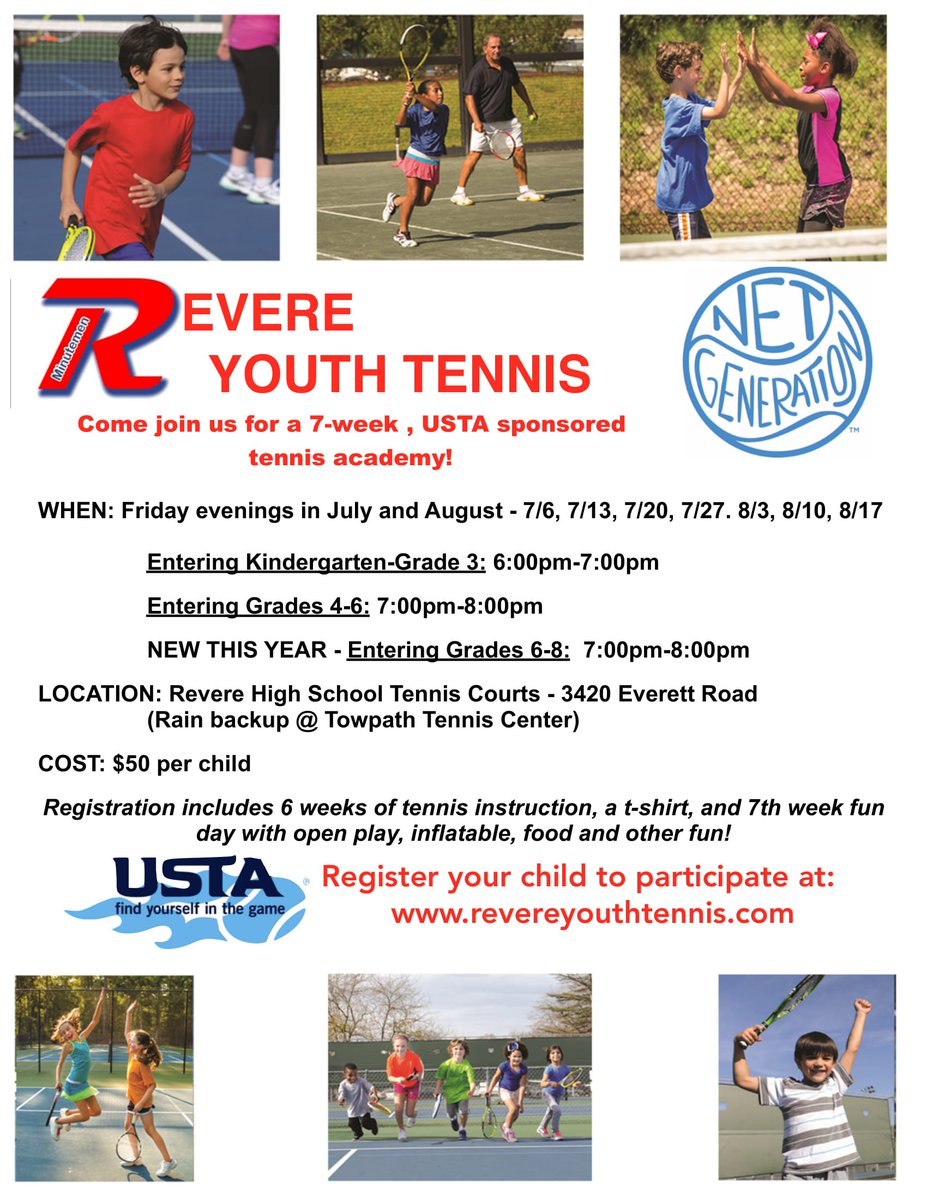 BretFaber's tweet photo. Revere families...come have your kids play tennis with us this summer!  https://t.co/HflCZweY5X @gulley_julie @HillcrestK3 @BathElementary @RevereLocal https://t.co/3kmcqFmGHu