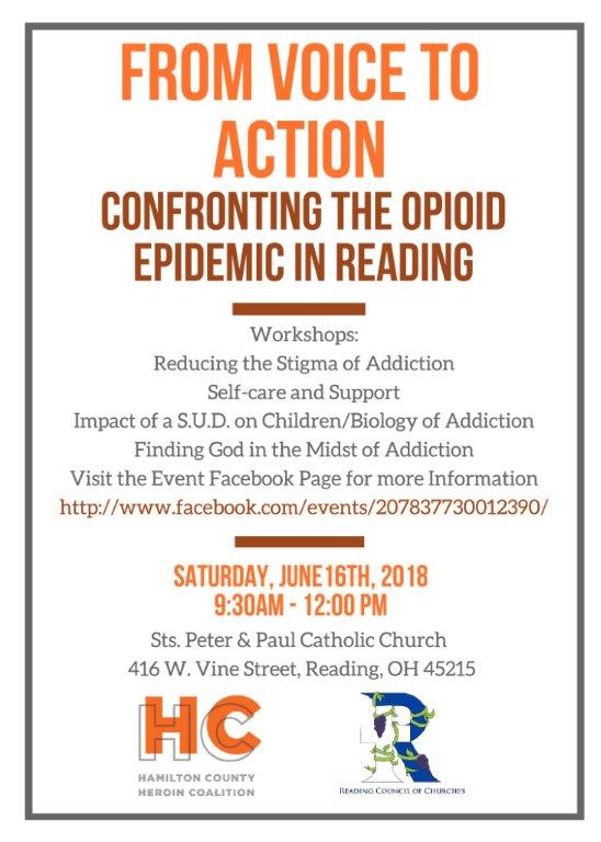 Opiate Workshop June 16th
The Reading Church Council and the Heroin Coalition are partnering to provide education, support and strategies to confront the opiate epidemic in our community--June 16th at Sts. Peter &amp; Paul Catholic Church in Reading.