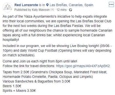 KateLouise_2812's tweet photo. As part of the Yaiza Ayuntamiento's iniciative to help expats integrate into their local communities, we are opening the Las Breñas Social Club for the next two weeks during the Las Breñas Fiestas. More information on the photos below! https://t.co/Sper85nQ5t