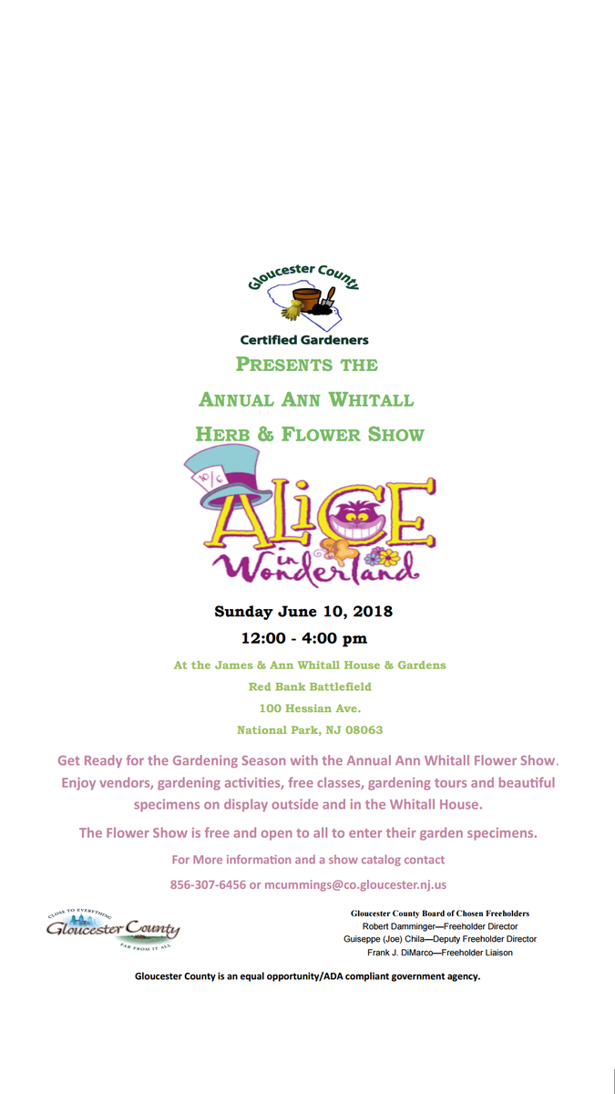 RedBankBttlfld's tweet photo. Are you look for something fun to do this weekend? Join us from 12pm to 4pm this Sunday for the Gloucester County Certified Gardeners Annual Ann Whitall Herb and Flower Show! There will also be free gardening classes, beautiful garden displays, and vendors! https://t.co/skU4s5fqk3