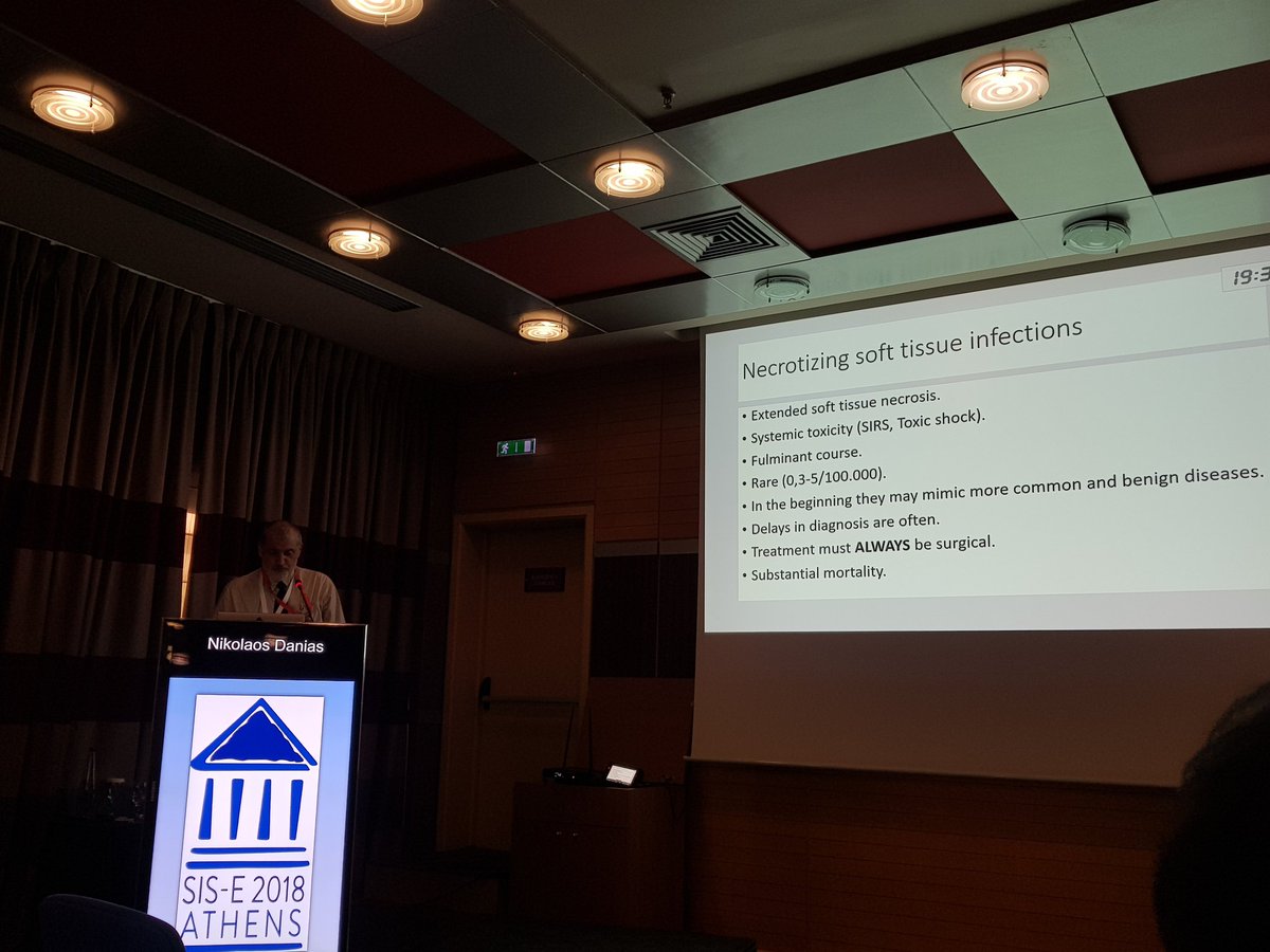 SISEurope's tweet photo. #SISE2018 very interesting cases & revision on necrotizing infections by Ass. Prof. Danias from Greece. Early diagnosis & suspicion essential, early surgery too to avoid mortality.
@SurgInfxSoc @kemrasa @saveantibiotics @WSESurgery @WSACS @criticcaredoc https://t.co/1duHdsAkJa