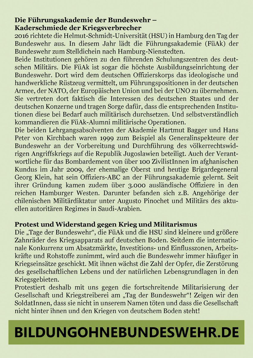 BoB_BW_raus's tweet photo. Diesen Flyer zum "Tag der #Bundeswehr" haben wir heute vor der #Führungsakademie der Bundeswehr verteilt: Gegen den #TdBw18, zur Aufklärung über die zentrale Ausbildungsstätte der dt Generalität und Kriegsverbrecher &amp; für das Ende der Auslandseinsätze! #TDBW18 https://t.co/H5QYJh1CWW