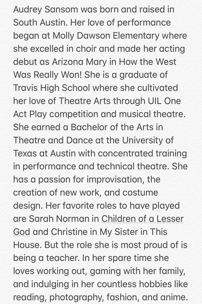 ajttheatre's tweet photo. We are very excited to introduce our new 3rd Director at Akins/ParedesMS, Audrey Sansom.                 #IfYouBuildItTheyWillCome #AJTProud #BuildTheBrand #BreakALeg #BestHighSchoolOnThePlanet @AkinsAISD @ParedesMs @AkinsJournalism https://t.co/C413K7wbxR