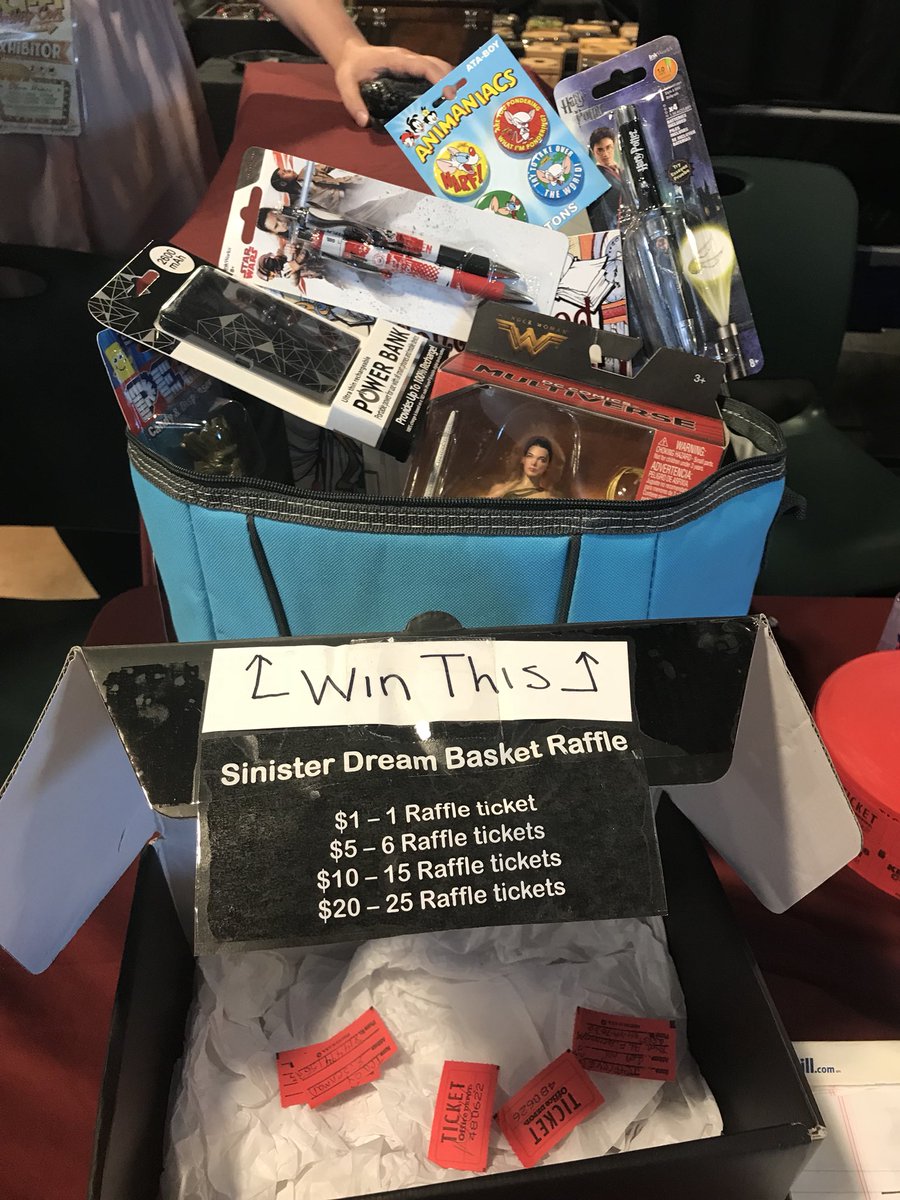 SinisterDreamPR's tweet photo. Day two at @scifivalleycon!  Come on down to our table and enter a chance to win all of this awesome stuff!  Lower level table S17! #scifivalleycon #nerd #geek #raffle #win #sinisterdreamproductions #convention https://t.co/J0bxm88TQW