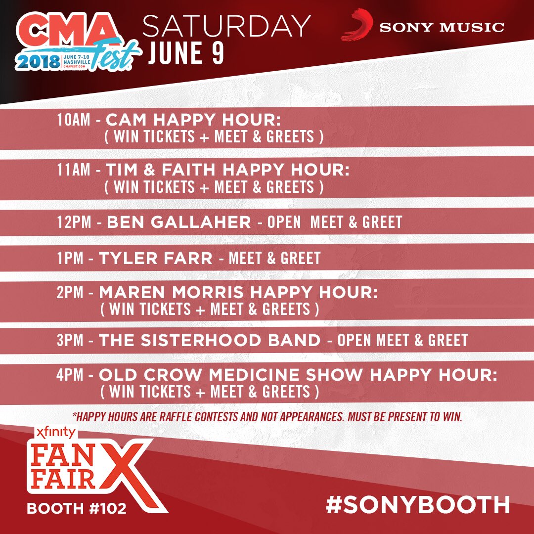 SonyNashville's tweet photo. Happy Saturday and Day #3 of #CMAfest! Stop by and say hi to us in #FanFairX Booth 102 - weโll have @ben_gallaher, @tylerfarr, @thesisterhood meet & greets plus tons of cool giveaways ๐โ๐ป
#SonyBooth @BACSarahCannon https://t.co/SiHhUpXemr