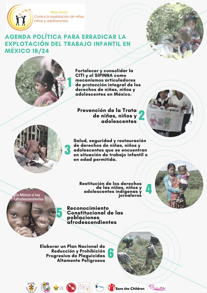 De acuerdo con la ENOE 2015, 2.5 millones de niñas, niños y adolescentes entre 5 y 17 años, están trabajando. El 89.6 % de niñas, niños y adolescentes que trabajan lo hacen en actividades económicas no permitidas.
Por lo anterior, la <a href="/MesaSocial/">Mesa Social</a>, presenta su Agenda Política