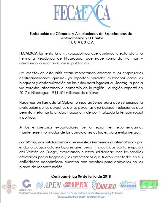 melgarpadilla's tweet photo. Exportadores centro americanos lamentan situación política de Nicaragua y demandan el respeto a la libre circulación de personas y bienes exhortando a las autoridades a respetar los acuerdos de la integración centroamericana https://t.co/HTE1rMOU1v