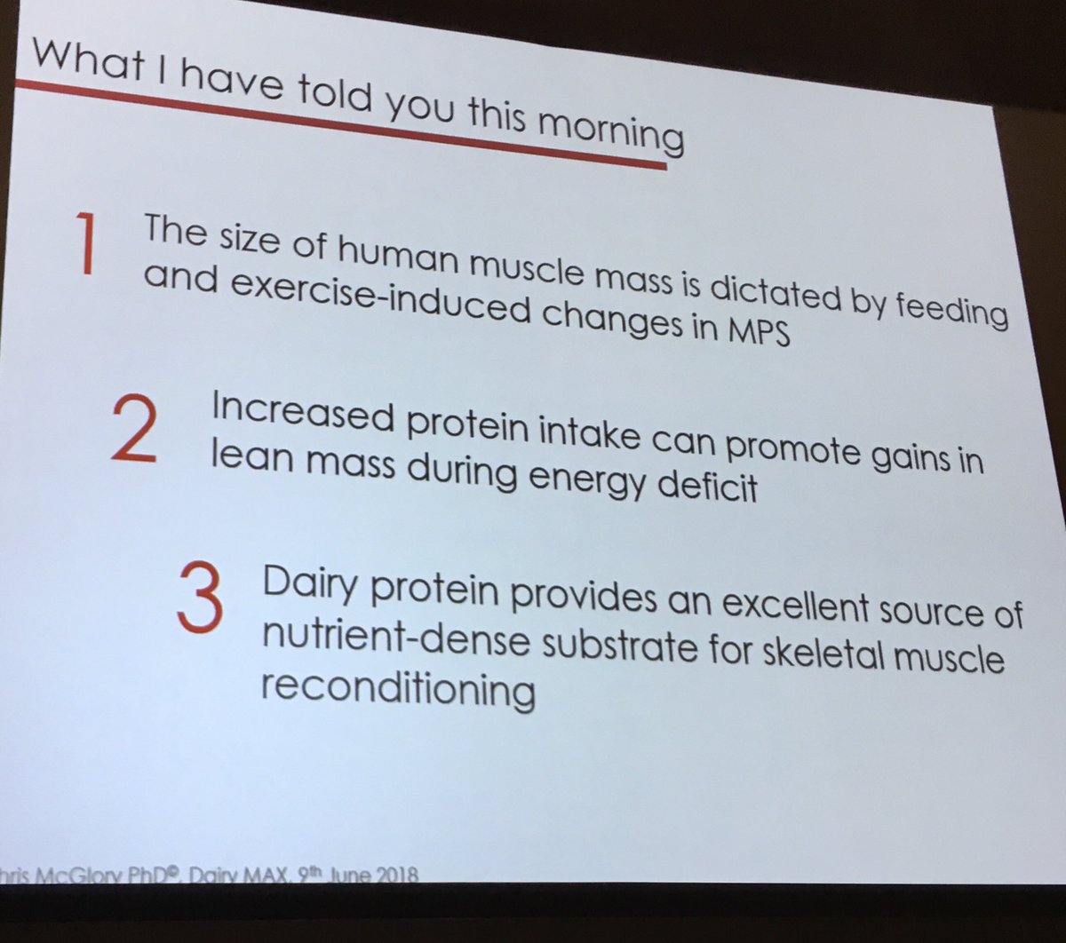 Dairy is a good source of protein, containing all essential amino acids it can help re-build and repair muscle tissue.      Slide from Dr. Chris McGlory #DairyAmazing