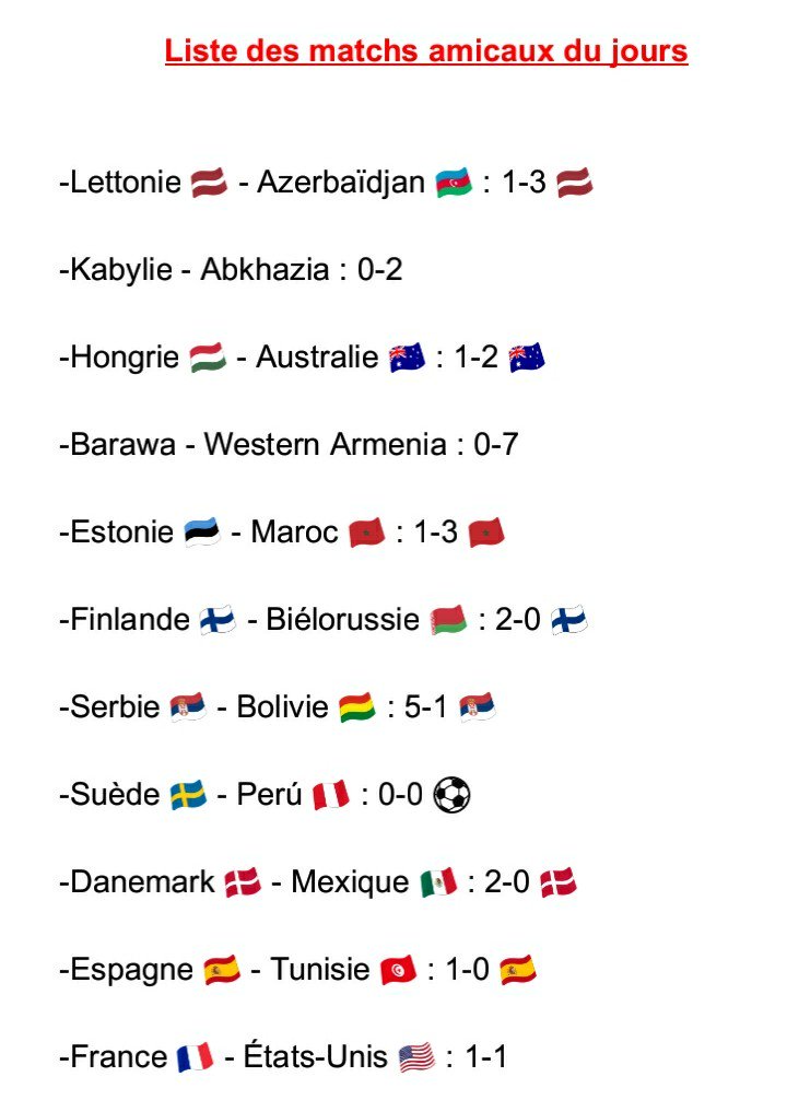 Footinfos__'s tweet photo. Résultats des matchs amicaux de ce Samedi !
#football #foot #Match # #Amicaux #HONvAUS #ESTMAR #FINBLR #SERBOL #Serbia #PERvsSUE #denmark VS Mexico #ESPTUN #ESP #FRAUSA #FRA #Bleus #FiersdetreBleus #WorldCup #WorldCup2018 https://t.co/9f82uEOfq4