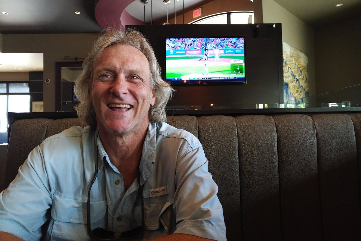 <a href="/kelly_gruber17/">Kelly Gruber</a> Kelly Gruber at great partner <a href="/RomeosVictoria/">Romeo's</a> , with a game from Fenway in the background -- where he got his first MLB hit off Al Nipper, a home run over The Monstah!
Come meet him at our games tonight and tomorrow.
