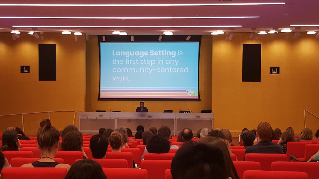 jgmoore's tweet photo. "Language setting is so important in doing community work." Do what you have to, you need to put it into your meeting agenda, your budget. - @acarrolldesign at @ACDtweets @NDCMaryland #acdreverb #ndc50 https://t.co/DKCaMXK3Is