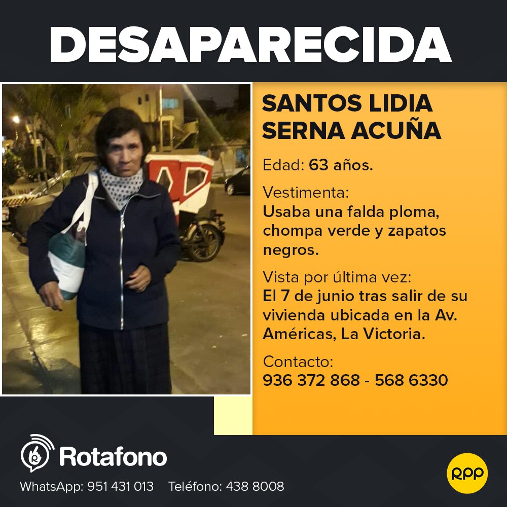 RPPNoticias's tweet photo. #Rotafono Si has visto a la señora Santos Lidia, comunícate con los números de contacto. https://t.co/Xs0VpgMbRr