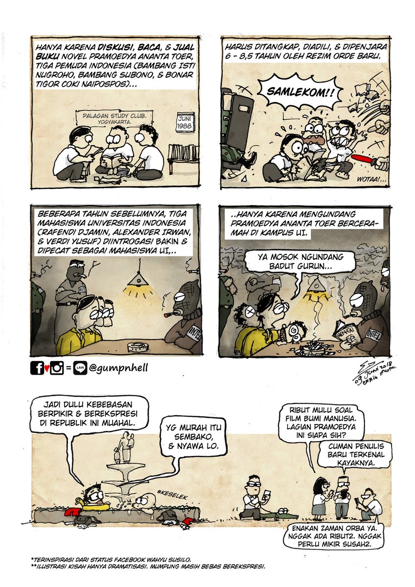 gumpnhell's tweet photo. Pernah ada masa di republik ini di mana bawa 'buku' bisa berujung penjara bertahun2. 

(komik terinspirasi dari status FB @wahyususilo) https://t.co/wyp3jqeqwf