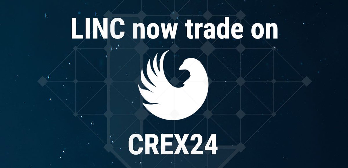 LINC_Platform's tweet photo. We are happy to announce that trading is now live on Crex24! @Crex_24

If you want to buy, sell or trade LINC, sign up to Crex24 and create your account.

https://t.co/FEbbQwekIU

#LINC #LINCProject #Crex24 https://t.co/K3BkiPBmNZ