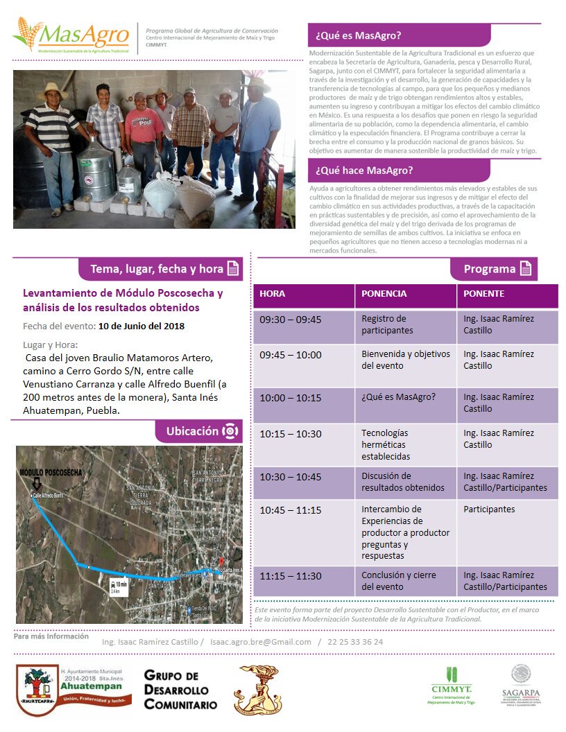 IsaacGDC's tweet photo. A nombre de los productores de Santa Inés Ahautempan, Pue. Les hacemos la cordial invitación al evento demostrativo "Levantamiento de Módulo Poscosecha y análisis de los resultados obtenidos" #ImplementaPoscosecha
#MasAgro #HubVAM https://t.co/dmOSzgm3vJ