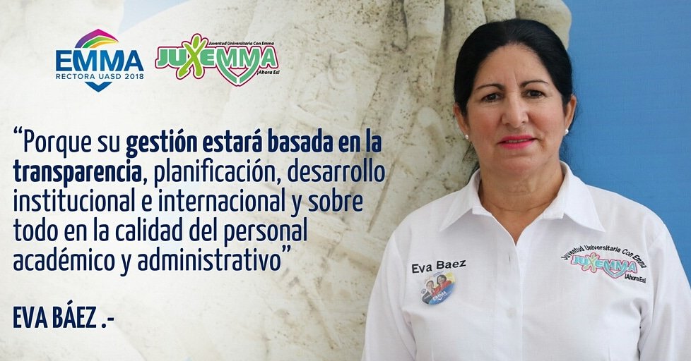 JuEmmaUASD's tweet photo. “Porque su gestión estará basada en la transparencia, planificación, desarrollo institucional e internacional y sobre todo en la calidad del personal académico y administrativo”

Eva Báez
#JuEmma https://t.co/k9yp4olWJr