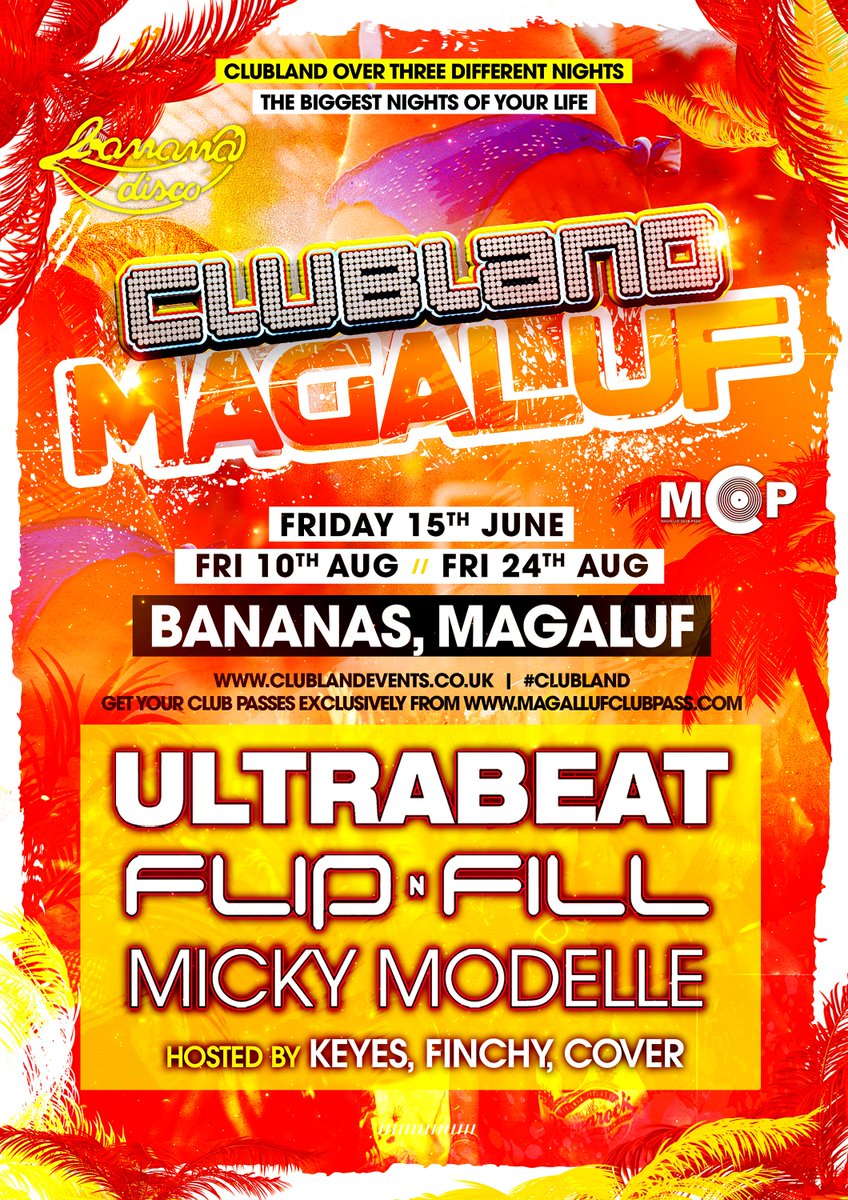 Next Friday
@clubland live in Bananas
@ULTRABEAT_ 
@FlipAndFill 
@mickymodelle 
@KeyesMC 
All in 1night.
 We have waited there come back to bananas for years.
The count down is on.