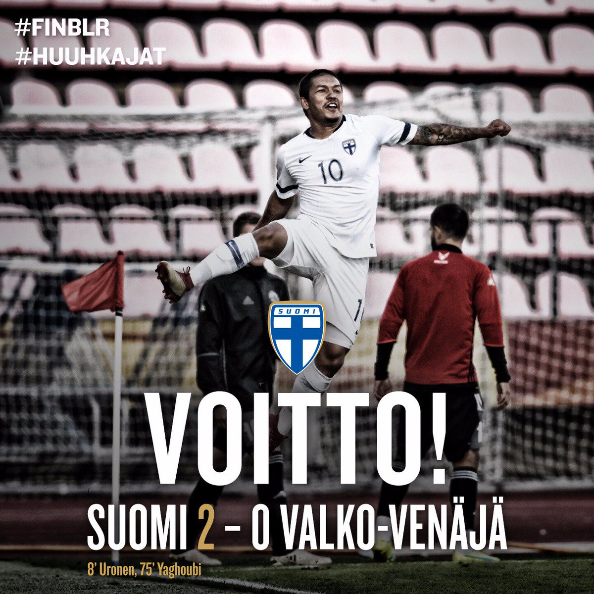 Huuhkajat's tweet photo. Suomi nappaa maukkaan ja ansaitun 2-0 (1-0) voiton Valko-Venäjästä! Suomen maaleista vastasivat Jere Uronen ja Moshtagh Yaghoubi, jotka molemmat viimeistelivät ensimmäiset täysosumansa Huuhkajissa! Oi Suomi on! 👏 #Huuhkajat #FINBLR https://t.co/PZaiN76kGu