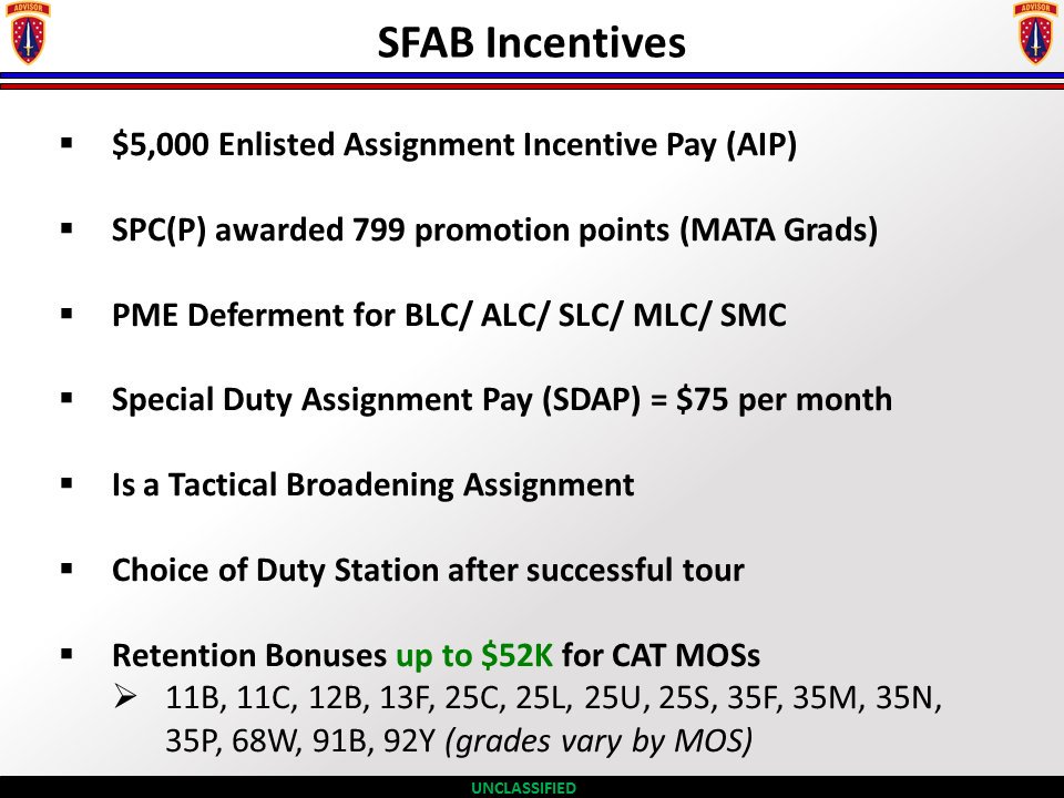 USArmyWHC's tweet photo. RT @SFAB_Recruiting: @USArmy #SFAB INCENTIVES -- Considering volunteering to #JoinSFAB? For the current step-by-step #SecurityForceAssistanceBrigade volunteer process, go to https://t.co/DtaZr5tGZd or see your unit's #USArmy Career Counselor/Retention NCO. | #Army #SFABs🇺🇸 https://t.co/cE6NGOWRtr