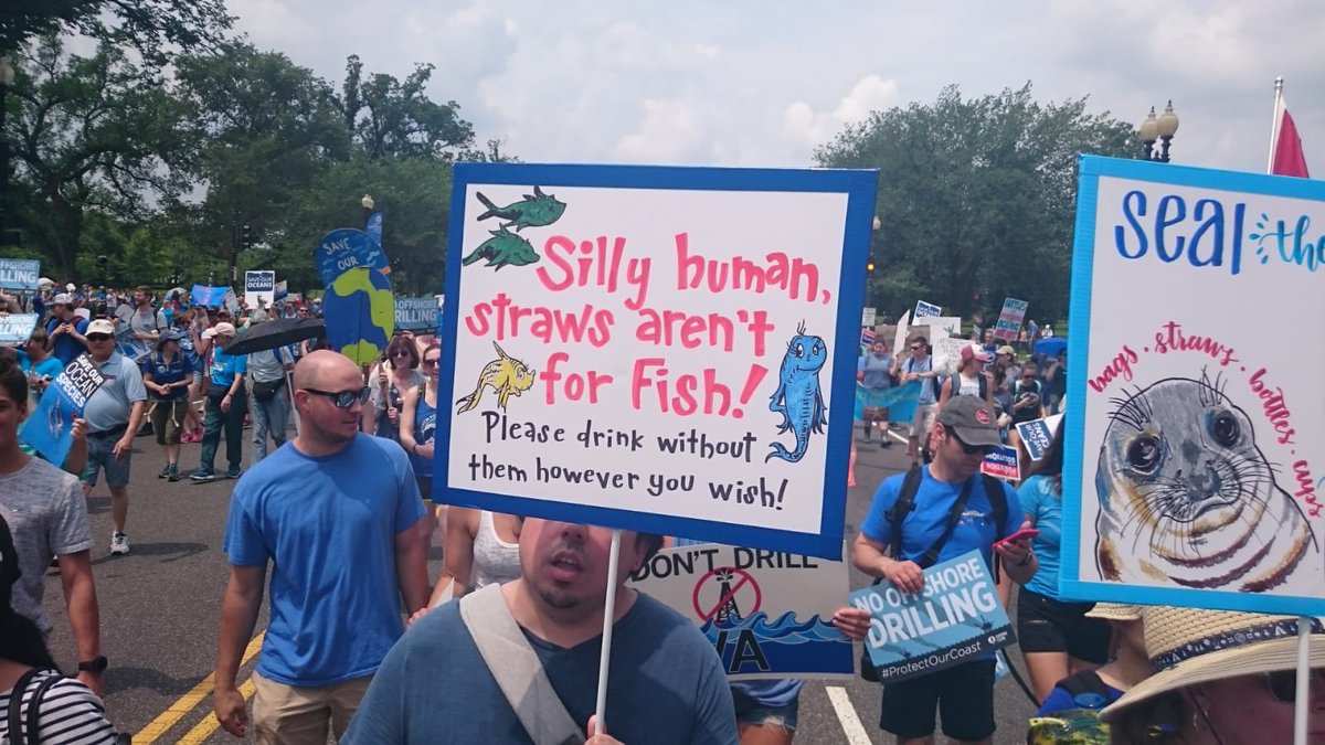 OPlasticsLab's tweet photo. The seas are rising, so are we! Hey hey! Ho, ho! Plastic straws have got to go! #MarchForTheOcean #OceanPlasticsLabDC @MarchForOcean https://t.co/gYYEaDlh27