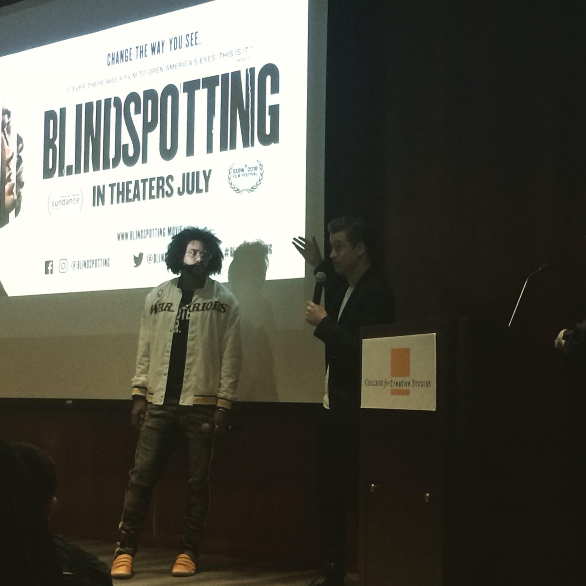 CinetopiaFF's tweet photo. Thank you to @daveeddiggs and @rafaelcasal for coming out to @ccs_detroit yesterday for the Michigan premiere of @BlindspottingMv! Truly an important and exciting film which you will be able to see again tomorrow @michigantheater at 8:00pm to close out the festival #cinetopia2018 https://t.co/ECLbrWbKTq