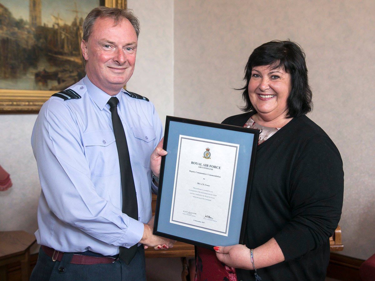 CFSCranwell's tweet photo. Mrs Judith Cross receiving her DCOM Commendation from Air Marshal Reynolds last week.  Two decades of phenomenal selfless service at OASC and CFS.  Prodigious  charity worker, organiser of 40+ CFS grads and Red Arrows guest nights.  Champion of the CFS family. https://t.co/tIpSBlSnZt