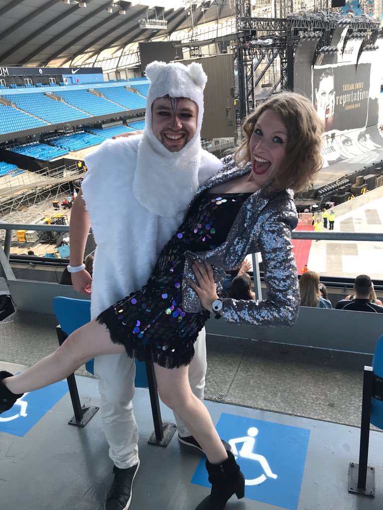 AnnaDawsonLive's tweet photo. About to see @taylorswift13 with my besties! 😍 So excited for the show! Little bit gutted we didn’t know merch and @taylornation are outside and we can’t go back out 😥 But we’re partying on down making friends with our neighbours in block 228! #swifties #repTourManchester https://t.co/HcFg881SFo