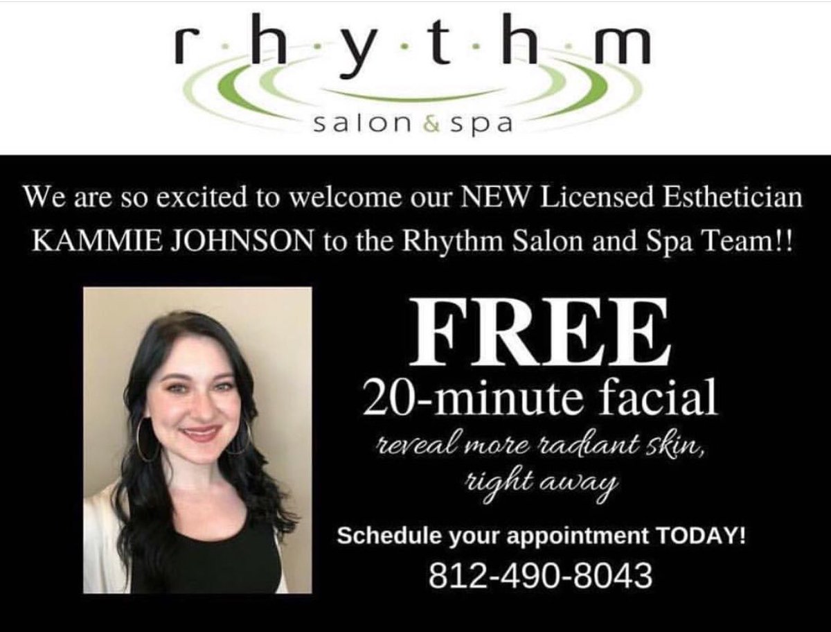 Rhythmsalonspa's tweet photo. Schedule an appointment today! 812-490-8043
#rhythmsalonandspa #Aveda #salon #spa #newburgh #skincare #facial https://t.co/Tt7hZWzk7g