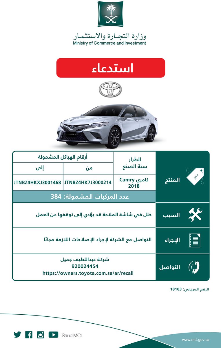 خلل في تويوتا كامري 2018 يدفع التجارة لاستدعاء 384 مركبة صحيفة المواطن الإلكترونية