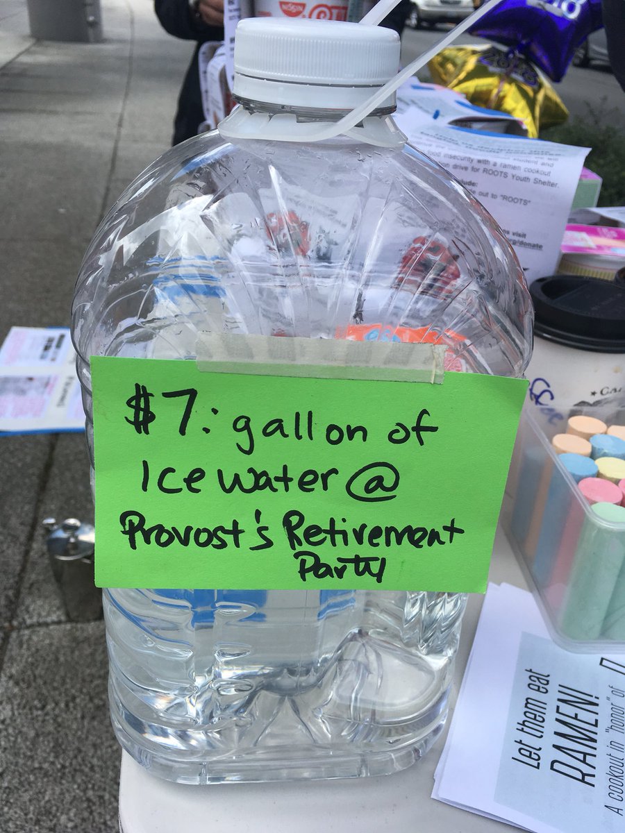 STACHEuw's tweet photo. What does a corporate university look like? $7 per gallon of ice water at Provost’s lavish retirement party at the same time #UW admin says they have “no money” to pay workers a living wage. #NoCorporateU #EquityIsNotOptional #LetThemEatRamen @UAW4121 @UW_USAS @amcauce https://t.co/eFZLyVv0N4