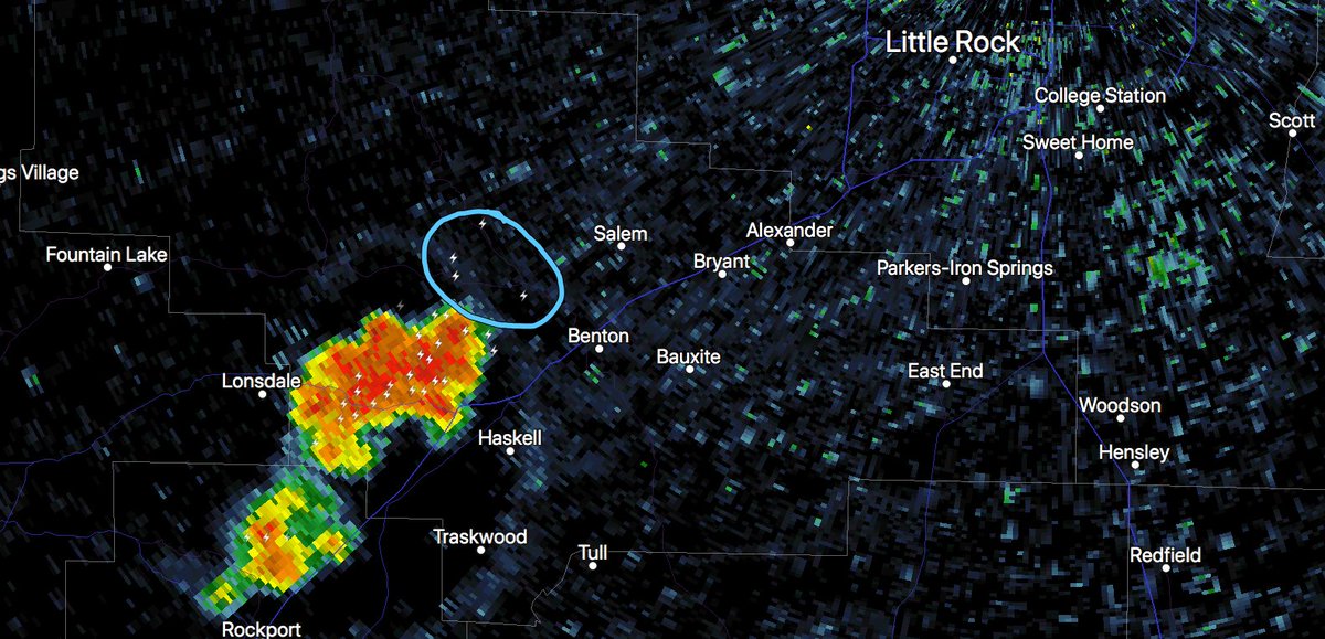 ToddYakoubian's tweet photo. Look at the lightning AWAY from the storm in Saline county.  This is a classic example of the dangers with these storms.  You don’t have to be within the storm to be hit by lightning.  When the thunder roars, get indoors #ARWX https://t.co/nvchn2hM4x