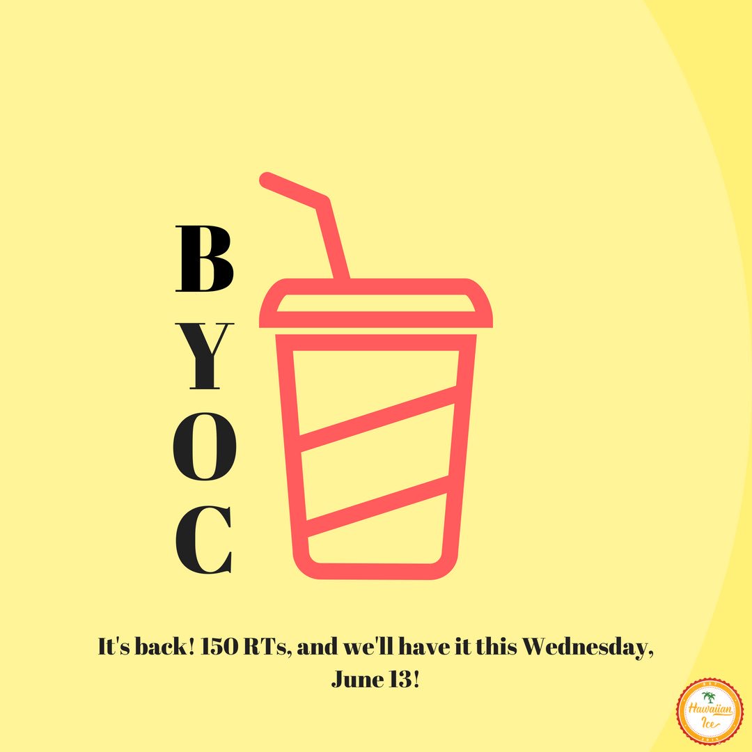 Bring Your Own Cup Day is back! Get this tweet 150 RTs, and we’ll have it Wednesday June 13! #hawaiianicekc #byocday