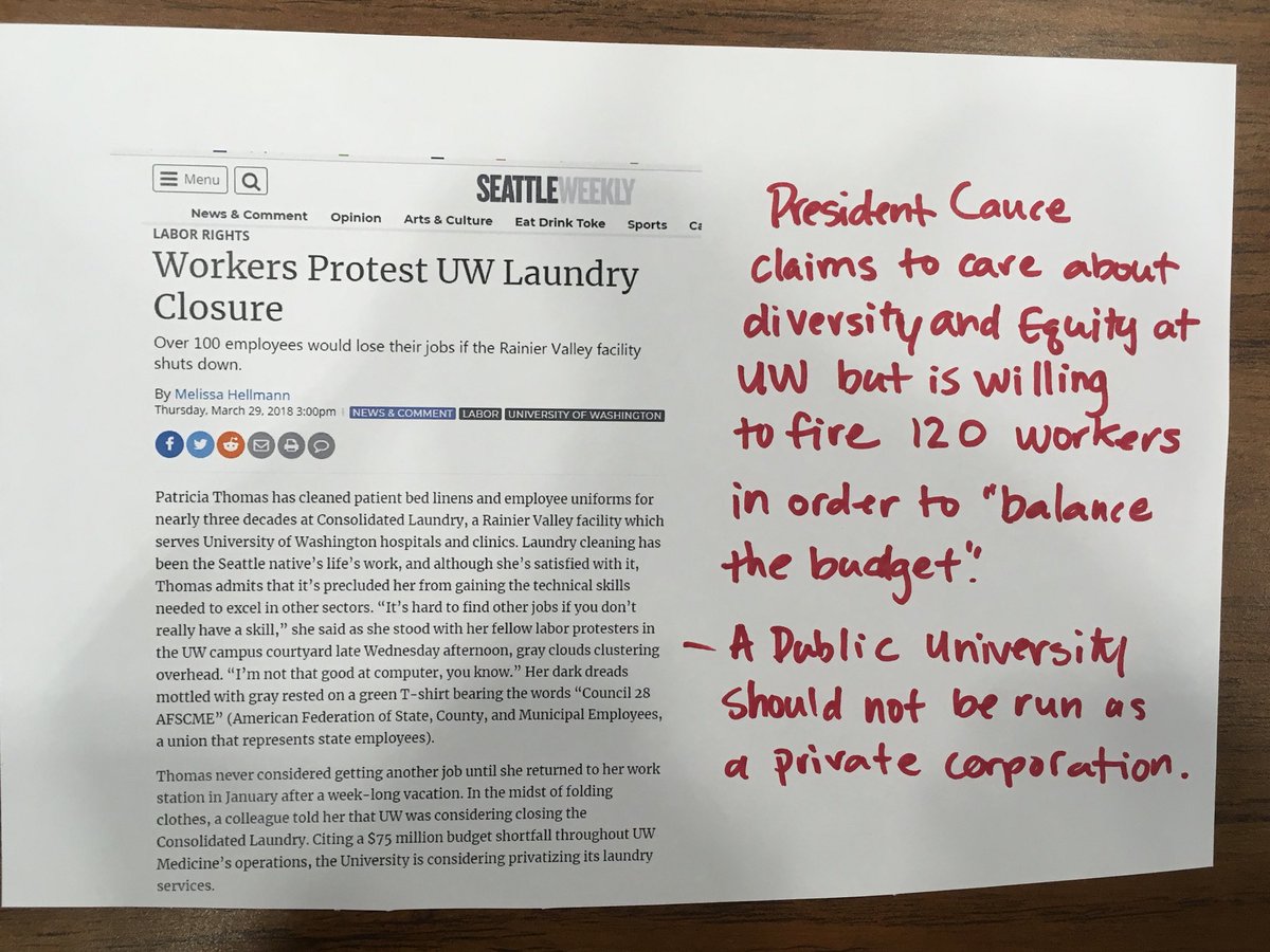 STACHEuw's tweet photo. What does a corporate #UW look like? Placing the burden of balancing a budget on some of the lowest-wage workers @UW who are already struggling to survive in Seattle as cost of living keeps increasing. #EquityIsNotOptional #NoCorporateU @UAW4121 @UW_USAS @amcauce https://t.co/s7EZ878WBT