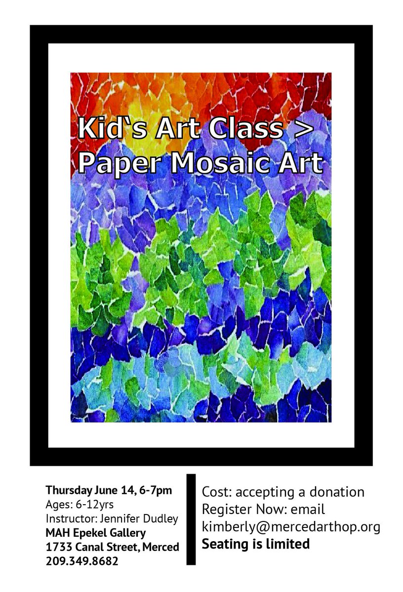EpekelMah's tweet photo. Sign up today, MAH Epekel Gallery will begin Kids Art Classes for the Summer, our first class is "Paper Mosaic Art" Thursday June 14, 6-7pm, with instructor Jennifer Dudley, ages 6-12yrs.

To sign up email kimberly@mercedarthop.org, cost: accepting a donation.

Seating is limited https://t.co/27itoG3WCQ