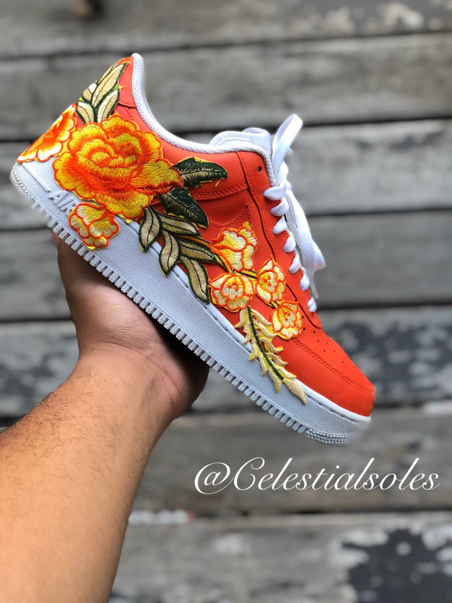 celestialsoles's tweet photo. Custom orange floral AF1s for my bro @Mike32K. The orange paint changes to yellow when it gets hot. Message me for any inquiries. https://t.co/l5VGKWPnU9