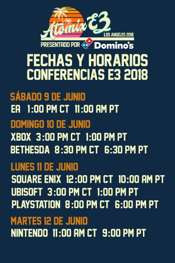 atomix's tweet image. ¡Que no se te pase ninguna! Acá te dejamos la lista con los horarios de las conferencias que aún le restan a #E32018? youtu.be/--RoNVTupEs  #DominosPizzaYJuega