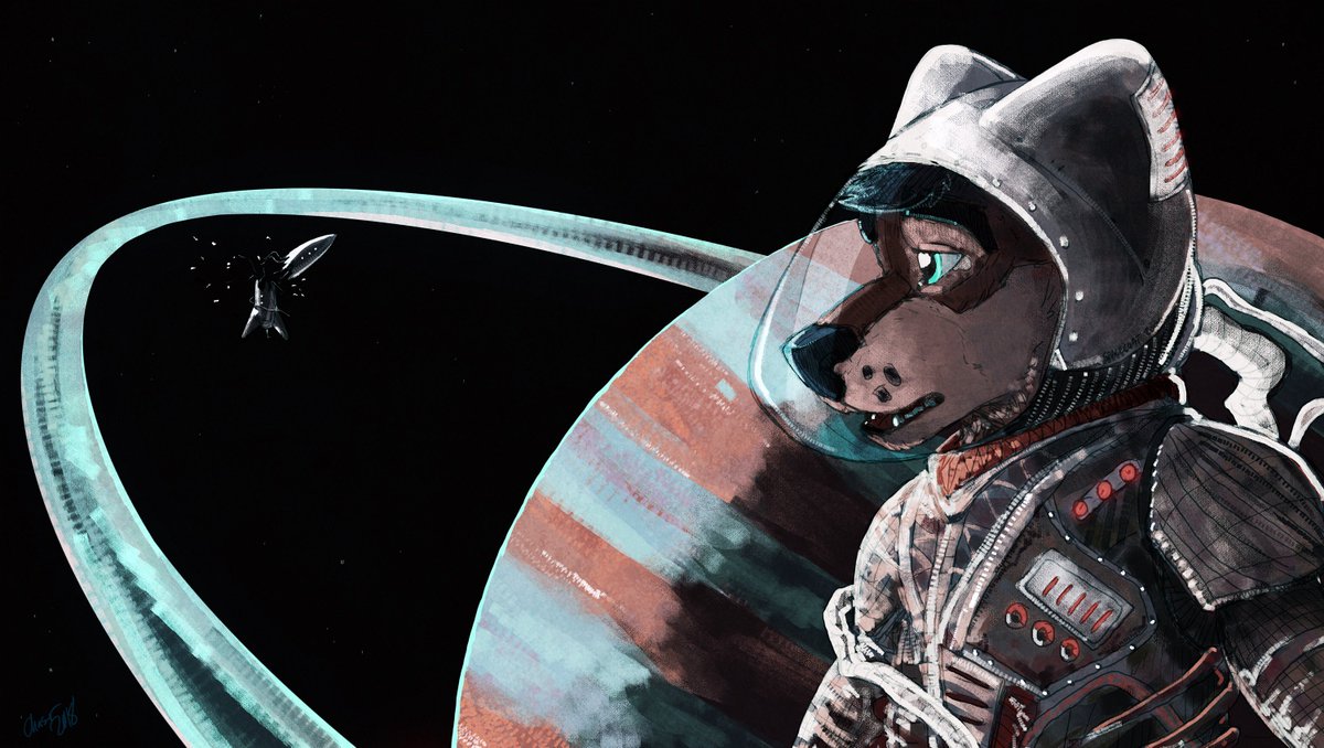 Quick &amp; dirty painting that started out as a study of a planet painting with the same colors. Ended up being a shipwrecked doggo. Sort of ties into this retro sci-fi world I've been day dreaming about for a good while! 🚀

Lone Voyager~
furaffinity.net/view/27609662/