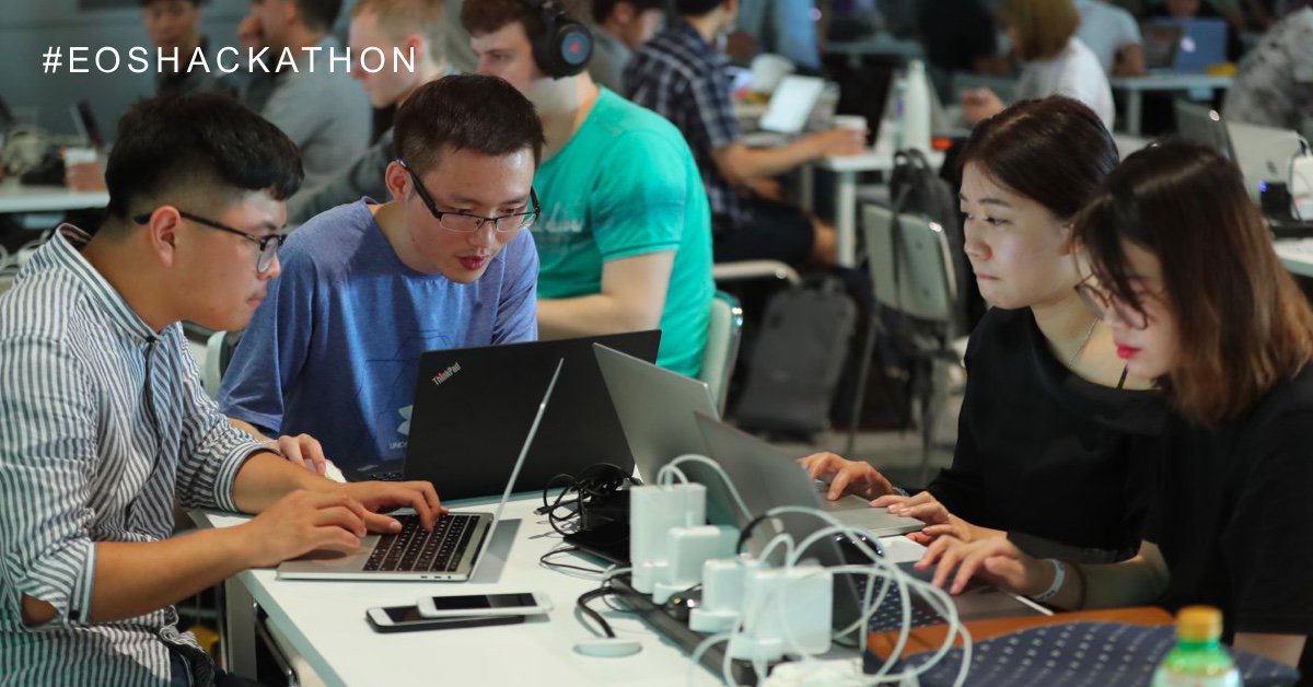 EOSIO's tweet photo. Hackers, product developers and business leaders are hard at work as the countdown continues at the #EOSHackathon. https://t.co/bjn7buUiWP