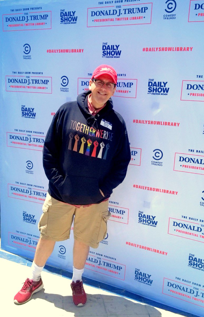 CareyGLY's tweet photo. The Trump Twitter Library was SAD! 
More here:  https://t.co/qmBkqPkAr8
#DailyShowLibrary #TrumpTwitterLibrary #WeHo #Pride https://t.co/2wdNMOnlOZ