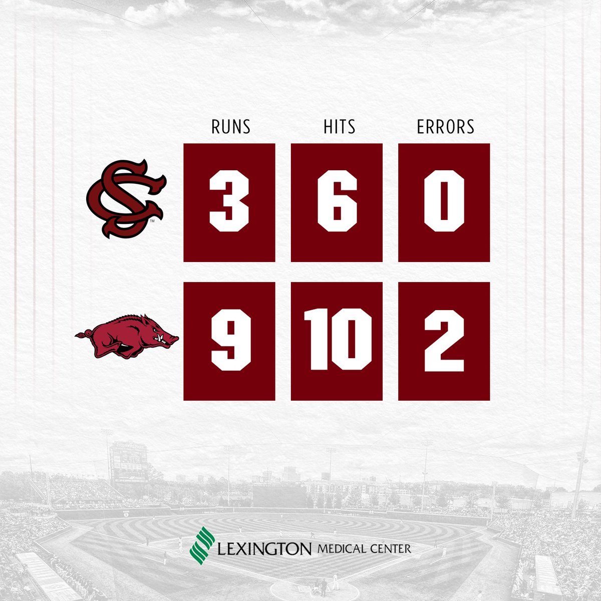 GamecockBSB's tweet photo. FINAL: The Gamecocks fall to Arkansas in game one of Super Regional action. Game two will be on Sunday afternoon at 3 p.m. ET (2 p.m. CT) and will be shown on ESPN. #Gamecocks https://t.co/rFszHEq0C7