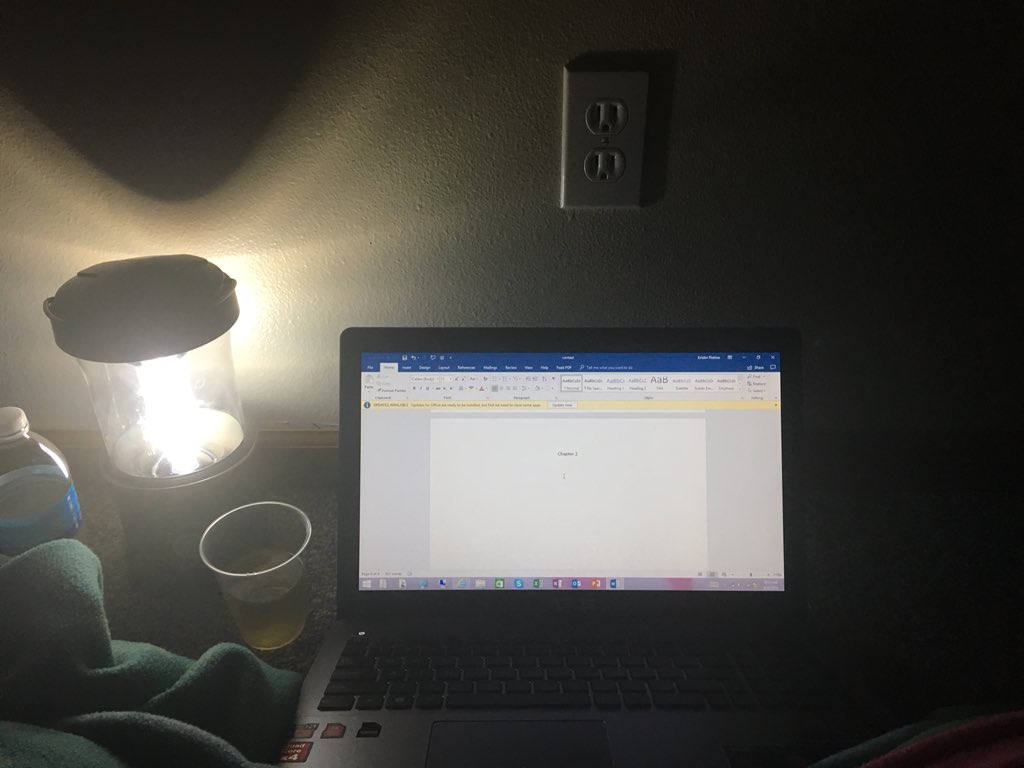 kylee_richards's tweet photo. In basement during tornado warning. Got my laptop, lantern, water and wine. #amwriting https://t.co/fYzsseNsTV