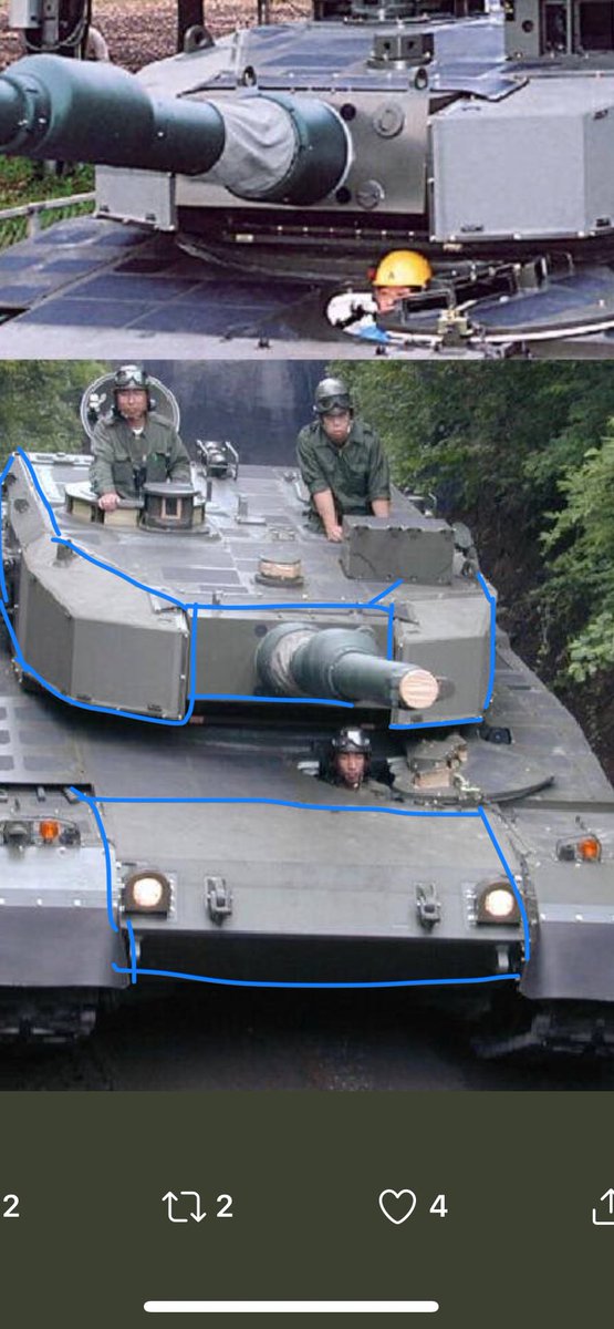 Suzaku_CSharp's tweet image. 青で囲った部分は塗装の色などが違うのでこんな感じで特殊装甲があるっぽいよね。今回のdevサーバに近い。
#WarThunder
#Type90
#90式戦車