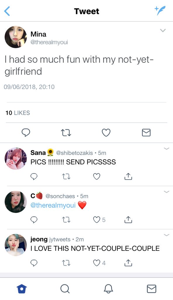 Mina pulls Chaeyoung into a hug, “You’re so cute I can’t believe you’re mine,” she whispers.“S-stop why are you like this?” says Chaeyoung.“I think I really am in love with you,” says Mina.“I’m in love with you too,” says Chaeyoung.