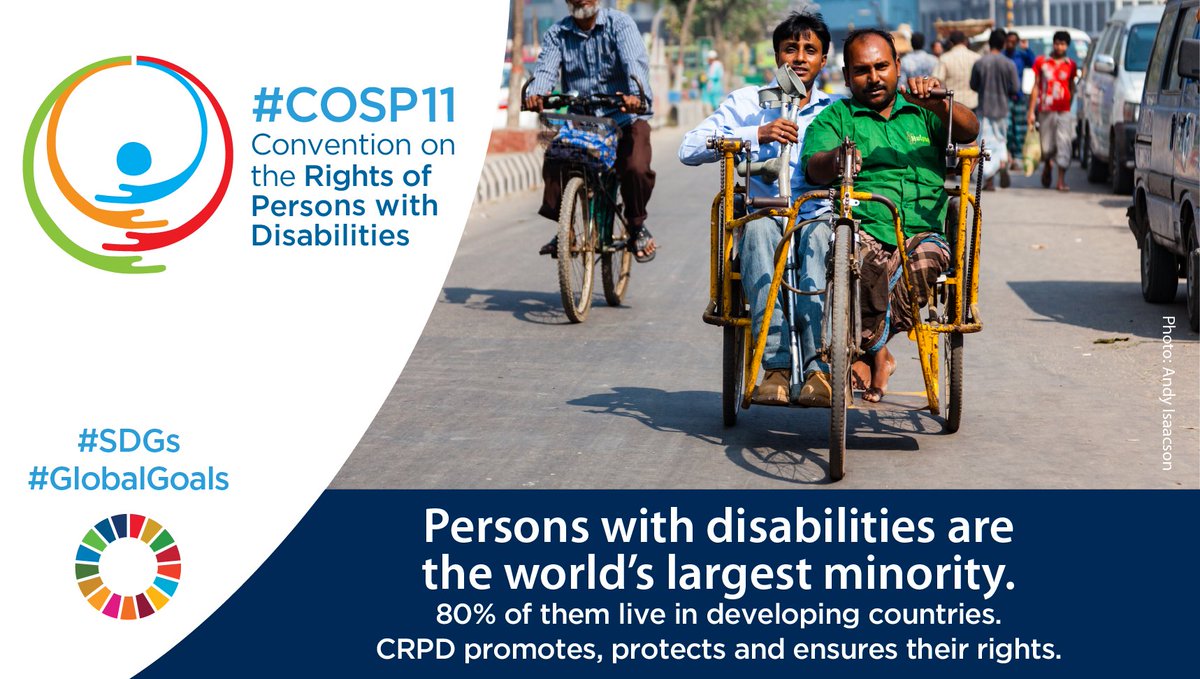UNDESA's tweet photo. Faced with discrimination &amp; barriers to participation, persons with #disabilities suffer disproportionate rates of poverty.

#CRPD - the UN convention on disabilities - aims to change that! See how, during the #COSP11 conference 12-14 June: https://t.co/jiQLbm2TKn #SDGs https://t.co/g2H4mZJtRL