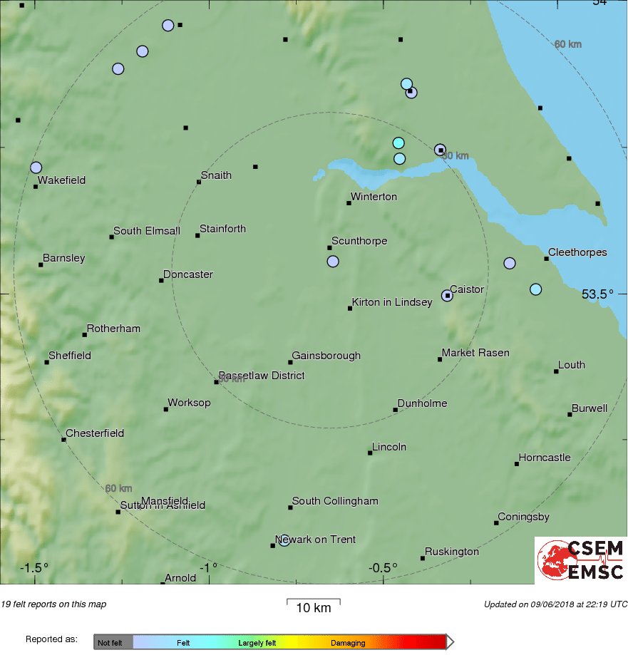 Map of felt reports received so far following #earthquake detection in #England, Uk 3 min ago.