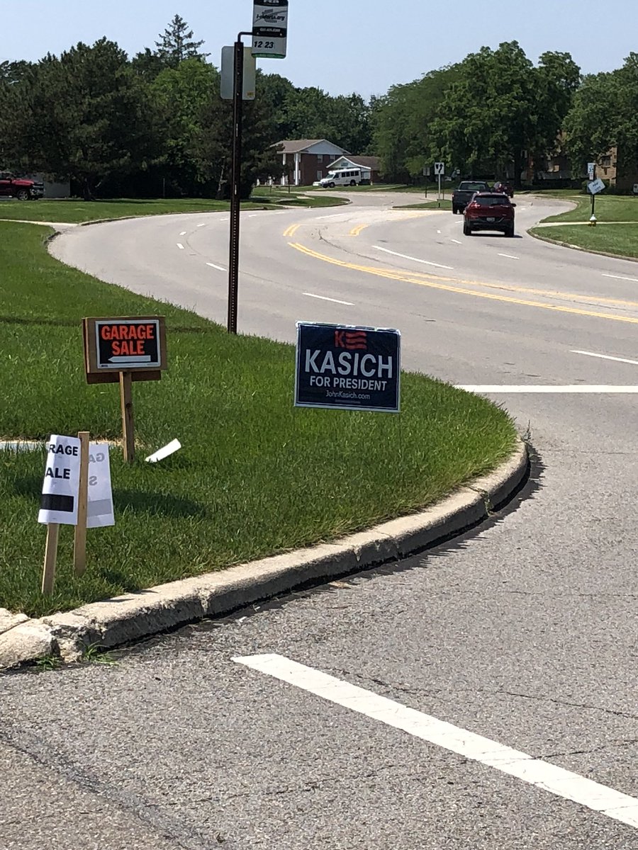 Lynn_Hulsey's tweet photo. Saw this@JohnKasich sign today. Did #Election2020 slip up on us? Has a backward #timewarp to #Election2016 occurred? Or does someone just want to make sure their garage sale gets noticed. https://t.co/PqvlkENJmM