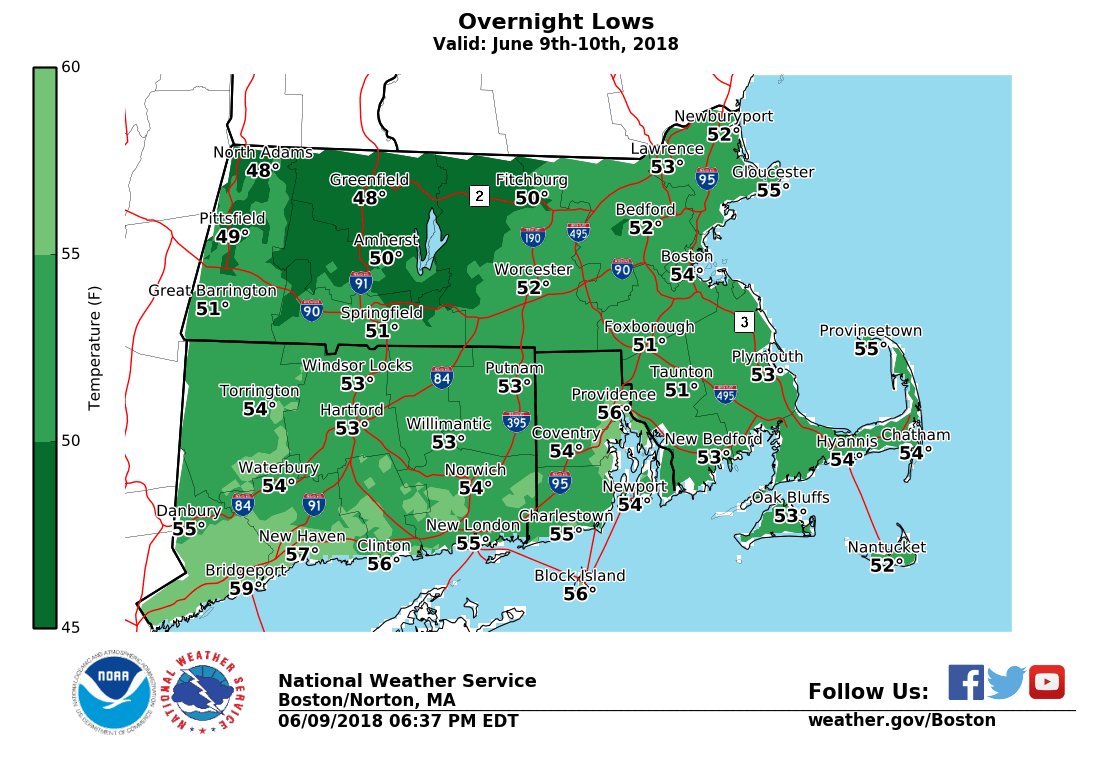 NWSBoston's tweet image. [Tonight] Overnight lows will dip into the upper 40s across the NW corner of MA and higher terrain, with the coast remaining in the mid 50s.