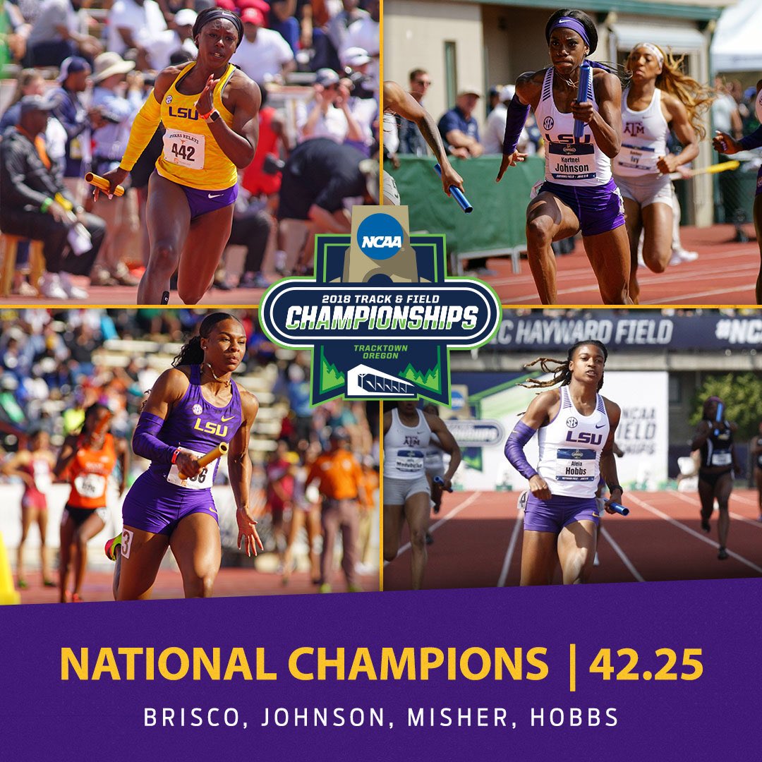 LSUTrackField's tweet photo. NATIONAL CHAMPIONS
Itโs the 15th womenโs 4x100 meter national title in program history! #GeauxTigers https://t.co/BxYjd63Wyx
