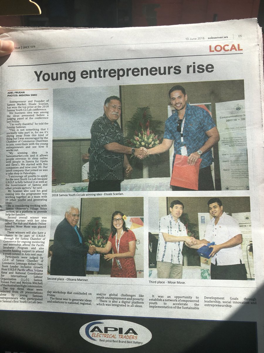 CherelleLeilani's tweet photo. Youth Co:Lab taking over the local media! #SamoaObserver #SundayPaper #YouthCoLab #DigitalSamoa @HaoliangXu @samoachamber @UNDPasiapac @DPConference18 @olisanamariner @cheese_keke https://t.co/xUvw9dKGwz